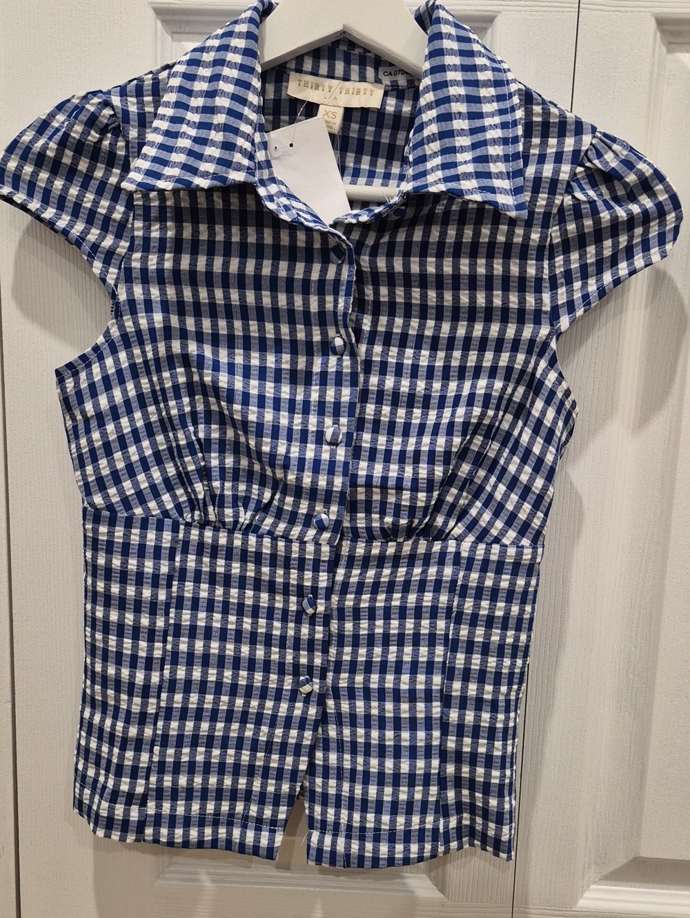 Blue & White Gingham Button-Up Women's Blouse